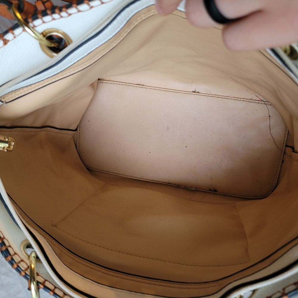 Off White and Brown Leather Tote Shoulder Bag - Picture 6 of 8